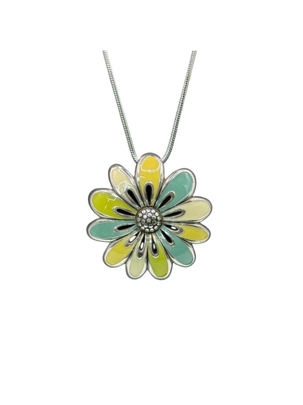 Brighton Posh Posey Enamel Daisy Pendant Necklace Silver-Tone Chain 18" Spring